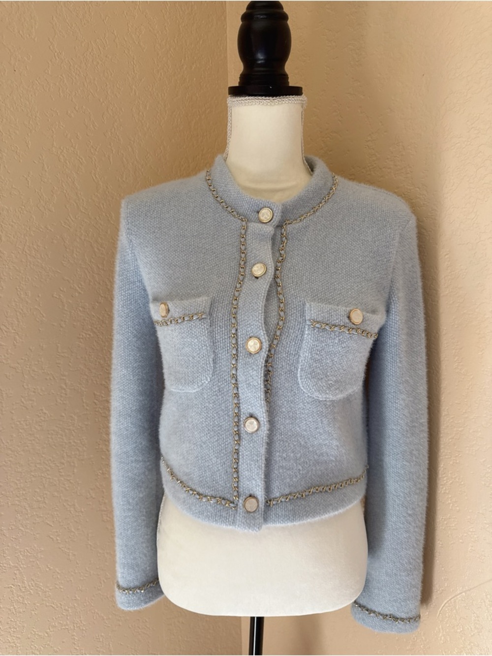 Anthropologie Endless Rose Pale Blue Knit Cardigan with Gold Accent Size XS